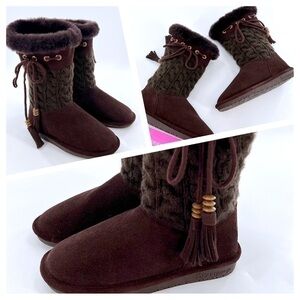 BearPaw Suede Knit Sheepskin Wool Lined Winter Boots Shoes Size 6 Brown